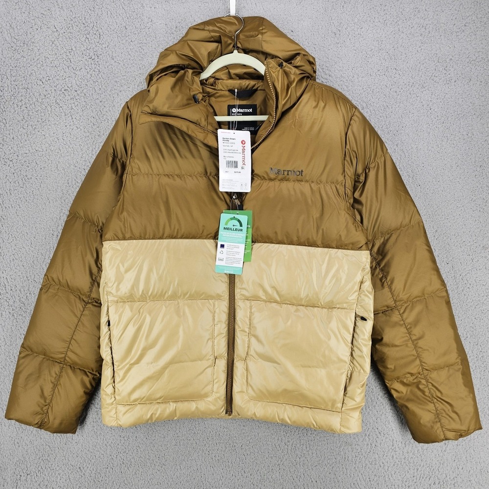 Marmot Guides Down Hoody Jacket Mens Small Hazel Light Oak Hooded Puffer